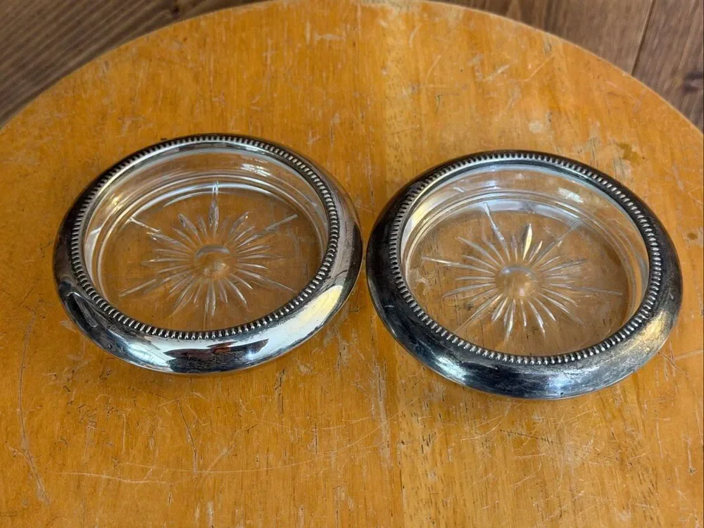 Leonard Silverplate Crystal Glass Coasters Set of 2 Starburst Beaded Rim (9255)